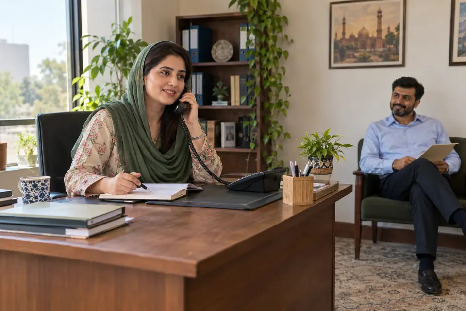 Contact Domestic Staff Provider: Staffing adviser answering a telephone in a bright office.