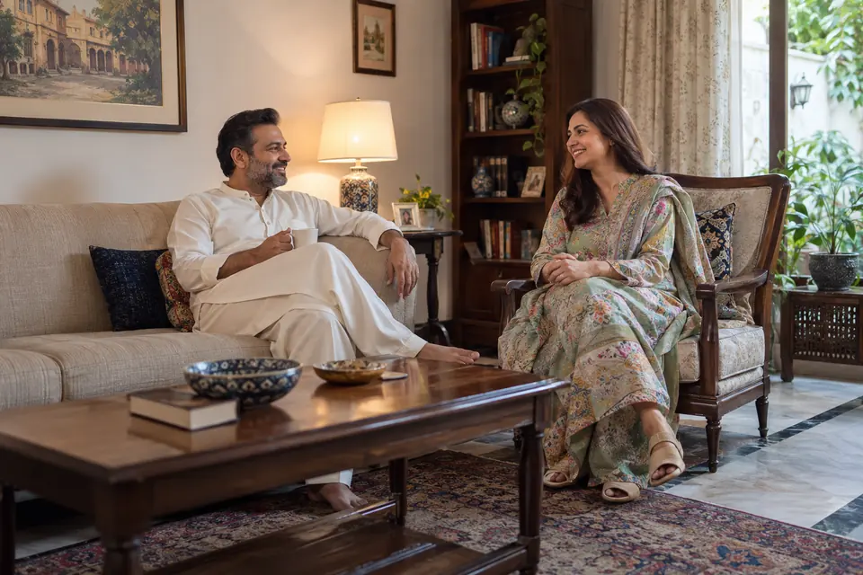 Customer Reviews: Pakistani couple sharing a relaxed conversation at home.