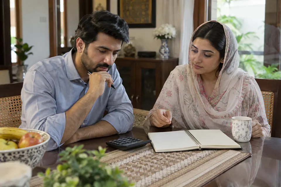 Domestic Staff Salaries & Placement Fees: How to Budget: Adults discussing a household budget with a notebook and calculator.