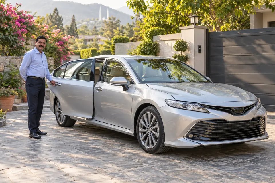 Family Drivers in Islamabad & Rawalpindi Family Drivers in Islamabad & Rawalpindi: Professional driver opening a car door on a leafy Islamabad driveway.
