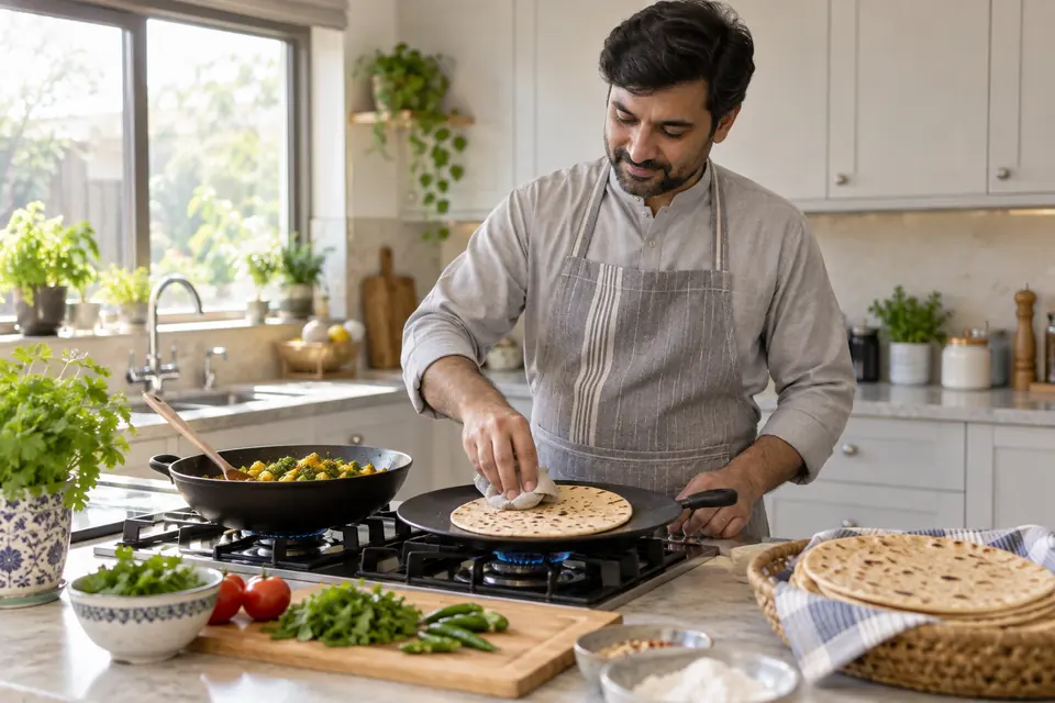 Hire a Cook in Islamabad: Cook preparing chapati in a bright kitchen