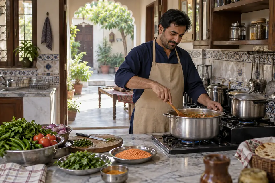 Hire a Cook in Rawalpindi: Cook preparing a family meal in a tiled kitchen