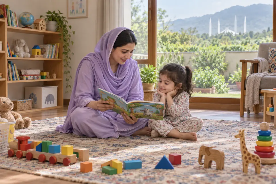 Hire Babysitters & Nannies in Islamabad & Rawalpindi Hire Babysitters & Nannies in Islamabad & Rawalpindi: Nanny reading a picture book with a child in a bright playroom.