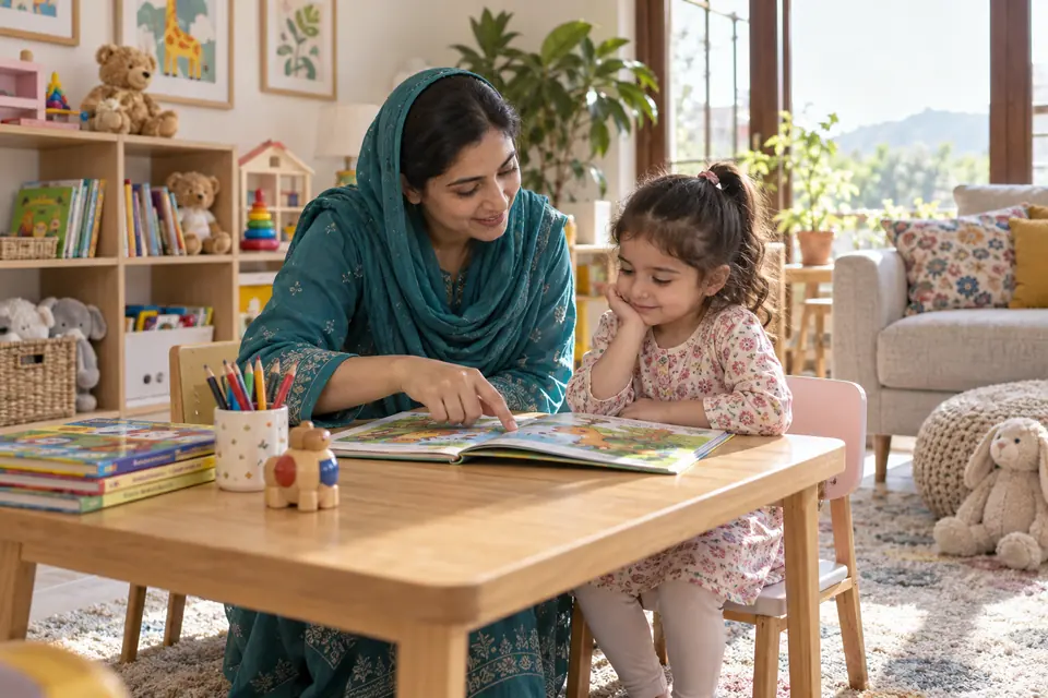 Hire Babysitters & Nannies in Islamabad: Pakistani female nanny in modest teal shalwar kameez reading a picture book with a fully clothed young child at a low table in a bright welcoming playroom