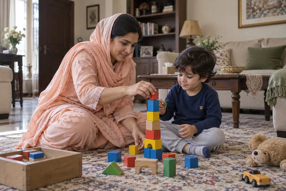 Hire Babysitters & Nannies in Rawalpindi: Pakistani female nanny in modest peach shalwar kameez helping a fully clothed young child stack colorful wooden blocks on a rug in a cozy family living room
