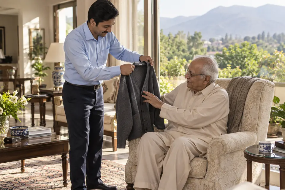 Hire Batman (Personal Attendant) in Islamabad Hire Batman (Personal Attendant) in Islamabad: Male personal attendant helping an elderly man choose a cardigan