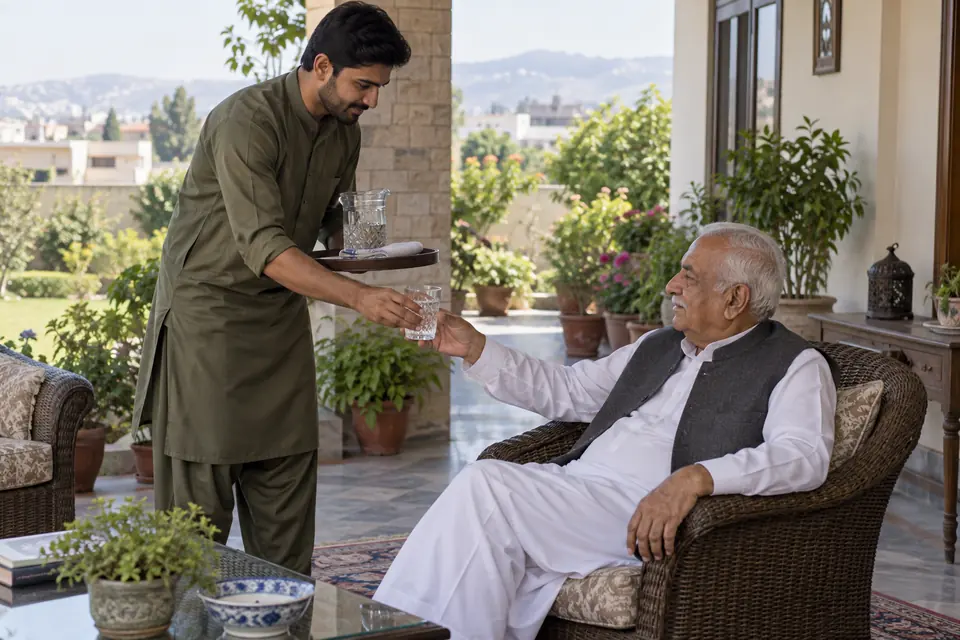 Hire Batman (Personal Attendant) in Rawalpindi: Male personal attendant serving water on a shaded veranda