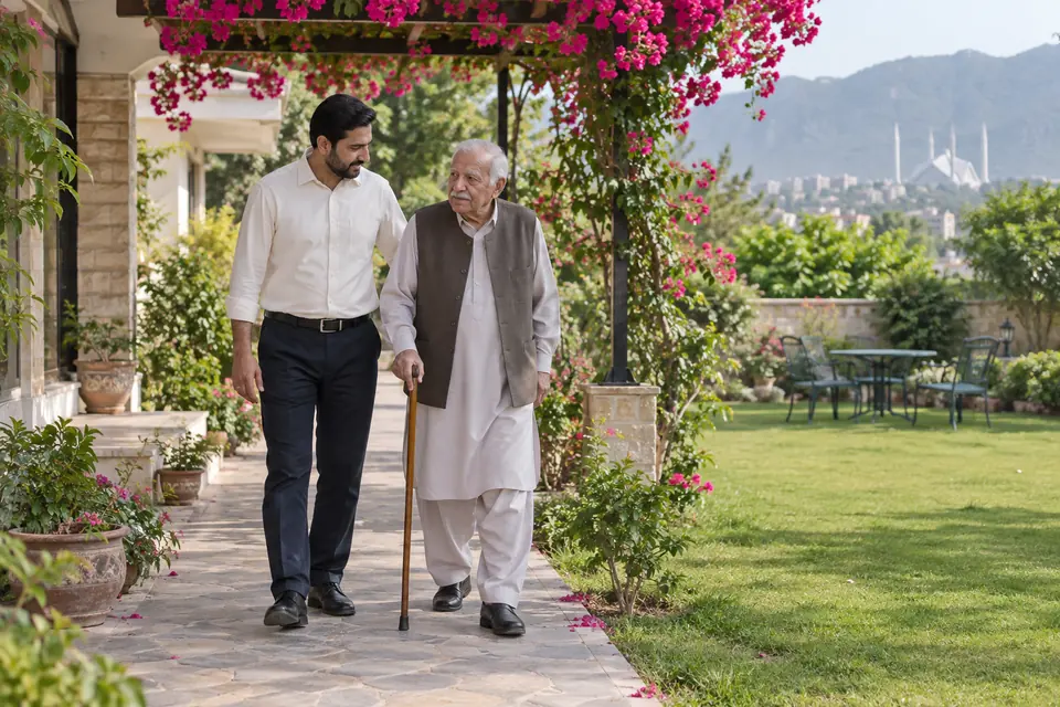 Hire Caretakers & Attendants in Islamabad & Rawalpindi: Caretaker accompanying an older man on a garden walk.