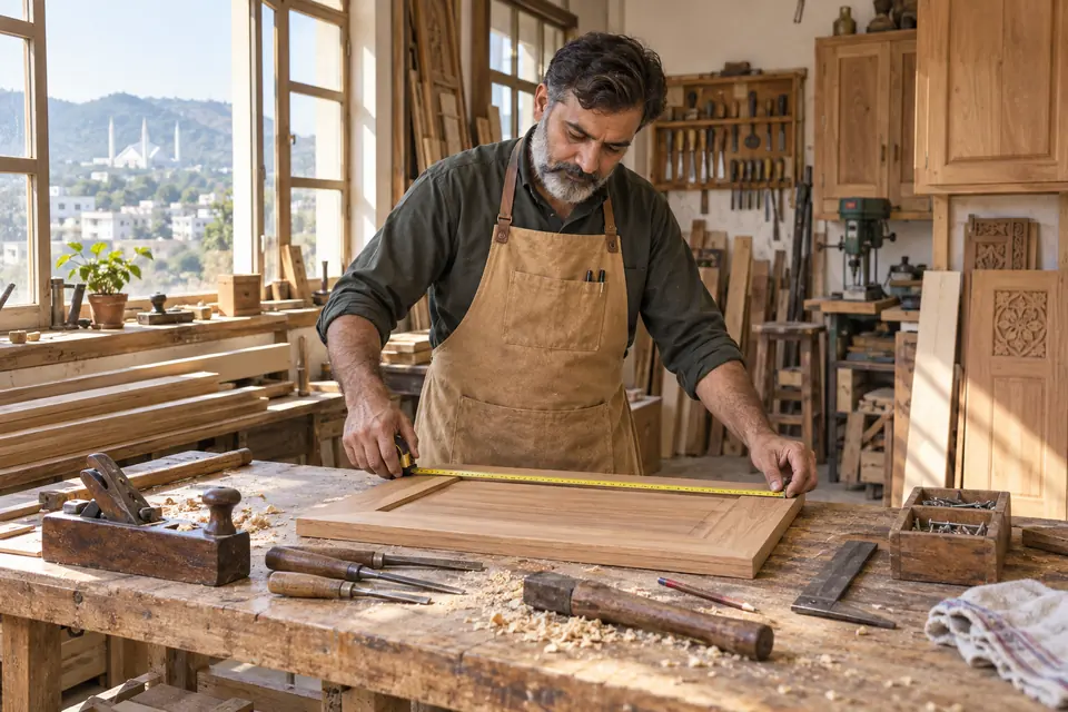 Hire Carpenters in Islamabad & Rawalpindi Hire Carpenters in Islamabad & Rawalpindi: Carpenter measuring a wooden cabinet door in a workshop.