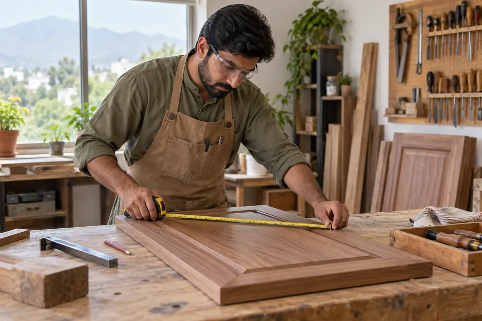 Hire Carpenters in Islamabad: Pakistani male carpenter in safety glasses measuring a wooden cabinet door on a stable bench in a bright home workshop, no powered tools in use