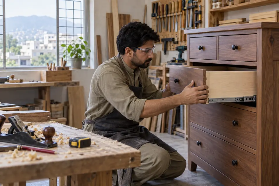 Hire Carpenters in Rawalpindi: Pakistani male carpenter in safety glasses carefully fitting a drawer into a wooden dresser in a neat indoor workshop