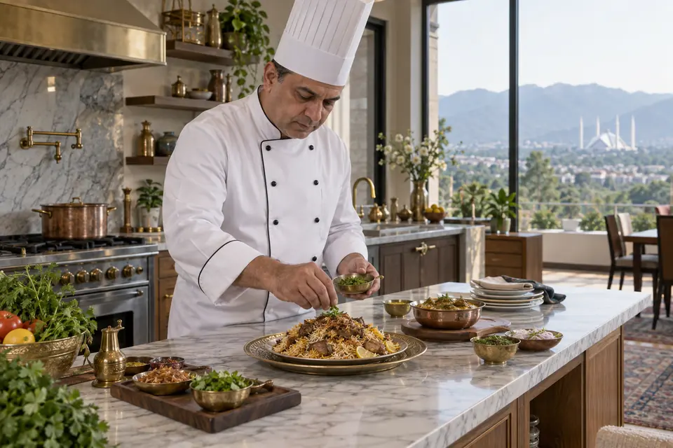 Hire Chefs in Islamabad & Rawalpindi Hire Chefs in Islamabad & Rawalpindi: Professional chef plating a meal in a spacious home kitchen.
