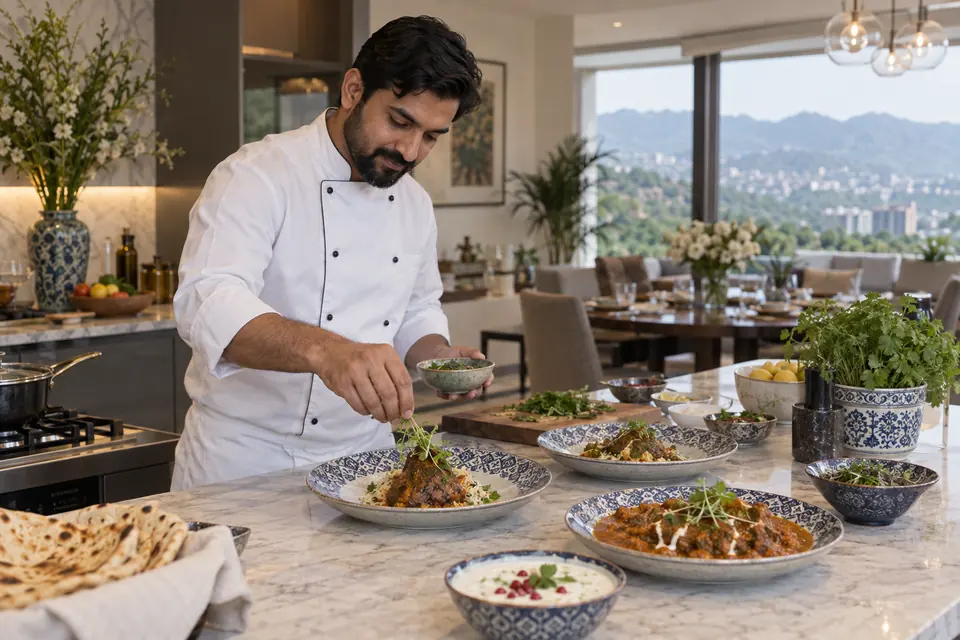 Hire Chefs in Islamabad Hire Chefs in Islamabad: Pakistani male private chef in crisp white chef jacket plating a refined Pakistani dinner in an elegant open home kitchen, herbs and beautiful ceramic plates