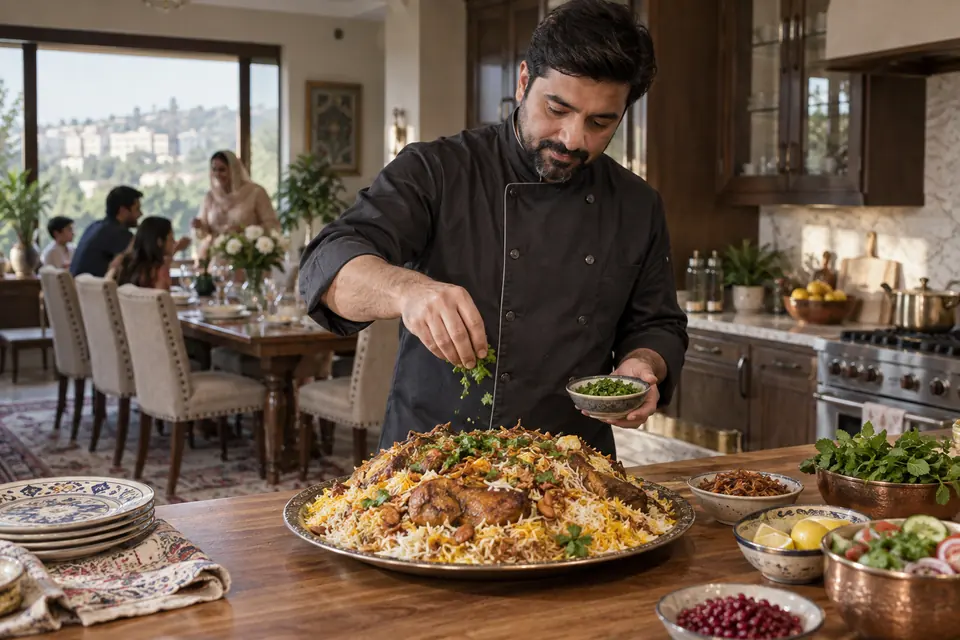 Hire Chefs in Rawalpindi: Pakistani male chef in charcoal chef jacket garnishing a large festive rice platter on a wooden counter in a spacious family kitchen