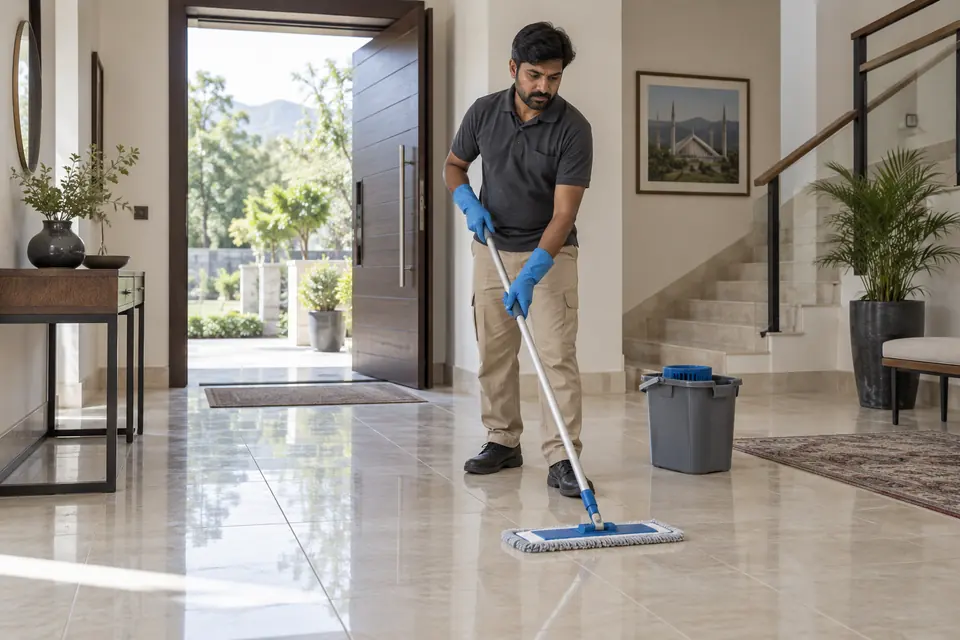 Hire Cleaners in Islamabad & Rawalpindi: Professional cleaner mopping a bright tiled entrance hall.