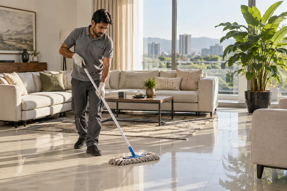 Hire Cleaners in Islamabad: Cleaner mopping a sunlit living room