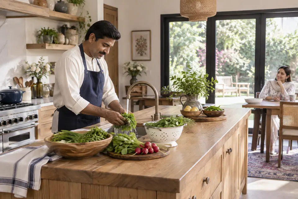 Hire Cooks in Gulberg Greens: Home cook preparing a household meal in a Pakistani kitchen