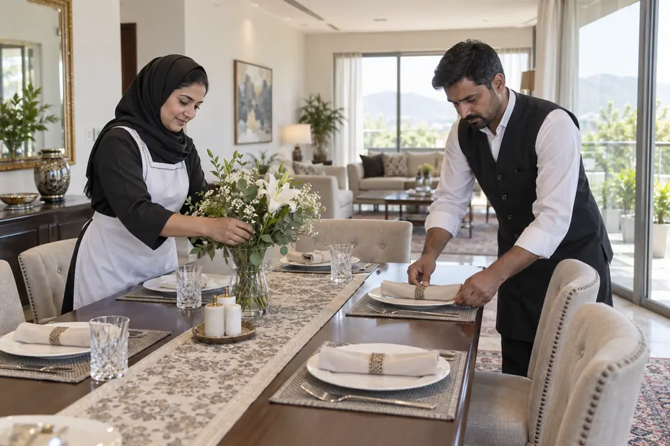 Hire Domestic Couples in Islamabad: Domestic couple arranging a family dining room