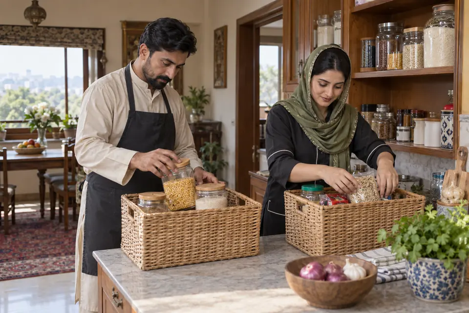 Hire Domestic Couples in Rawalpindi: Domestic couple organizing kitchen pantry baskets