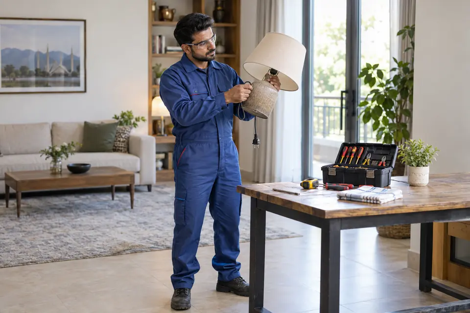 Hire Electricians in Islamabad & Rawalpindi Hire Electricians in Islamabad & Rawalpindi: Electrician inspecting a table lamp with an organized toolkit.
