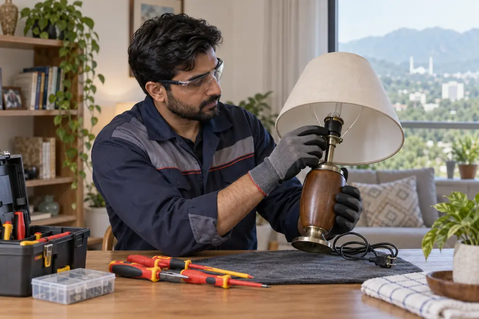 Hire Electricians in Islamabad: Electrician inspecting an unplugged table lamp