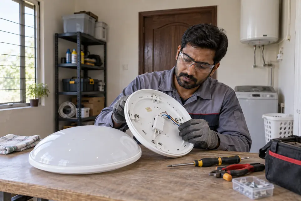 Hire Electricians in Rawalpindi: Electrician examining a disconnected light fixture