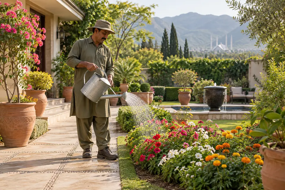 Hire Gardeners in Islamabad & Rawalpindi Hire Gardeners in Islamabad & Rawalpindi: Gardener watering flowers in a leafy home courtyard.