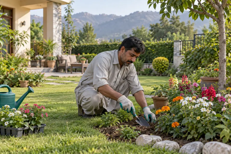 Hire Gardeners in Islamabad Hire Gardeners in Islamabad: Male Pakistani gardener tending flowers with a hand trowel in a lush suburban garden