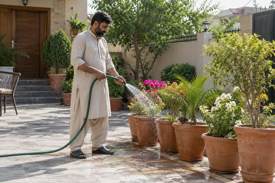 Hire Gardeners in Rawalpindi: Male Pakistani gardener watering terracotta pots on a sunny residential courtyard