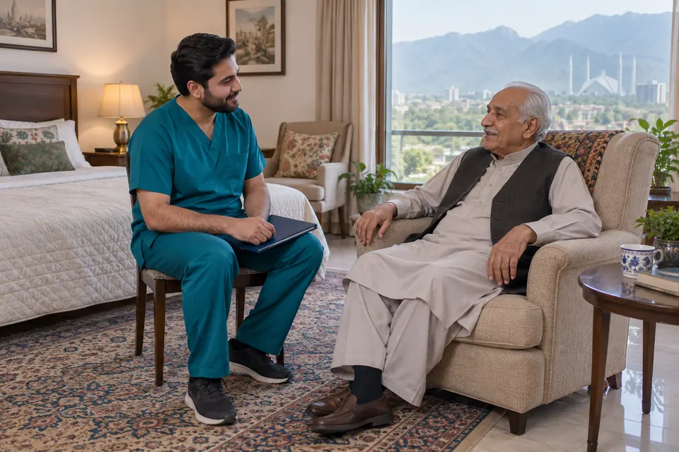 Hire Home Nurses in Islamabad & Rawalpindi Hire Home Nurses in Islamabad & Rawalpindi: Home nurse speaking with an older patient in a peaceful room.