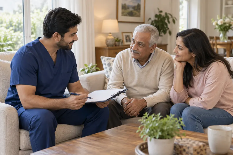 Hire Home Nurses in Islamabad Hire Home Nurses in Islamabad: Home nurse discussing care arrangements with a family
