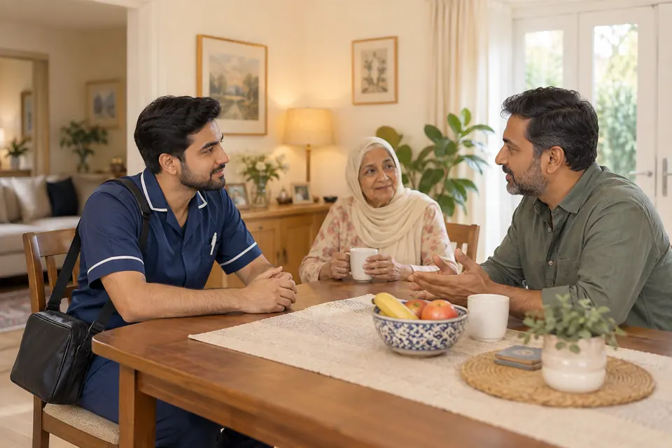 Hire Home Nurses in Rawalpindi: Home nurse discussing care arrangements with a family