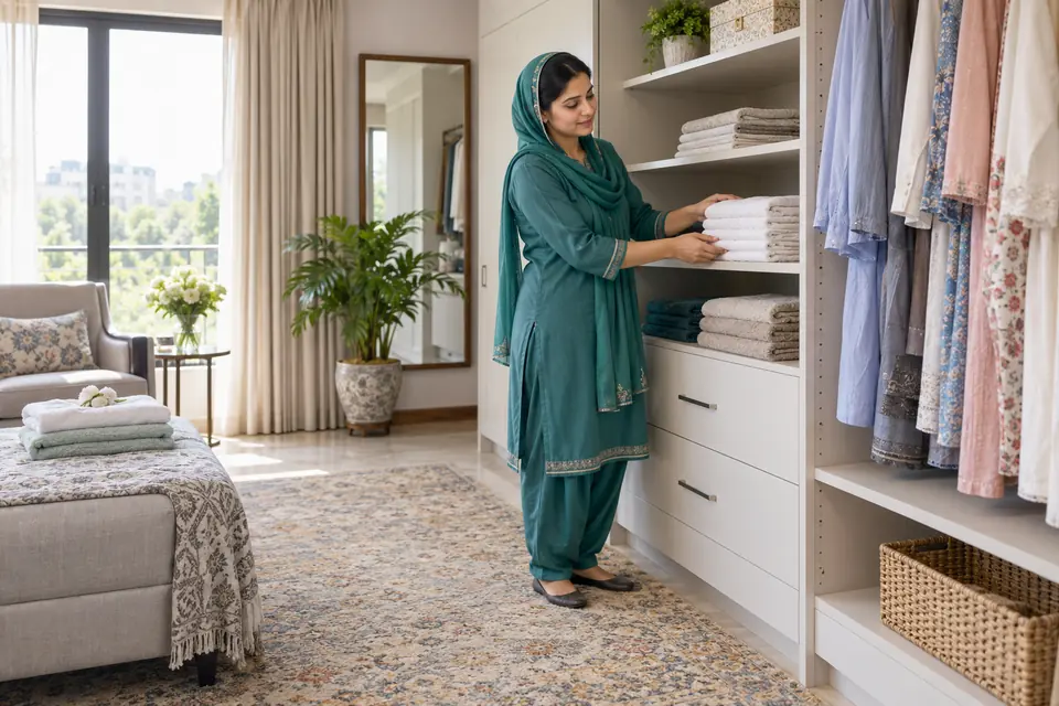 Hire Maids in Islamabad: Maid organising and cleaning a family home