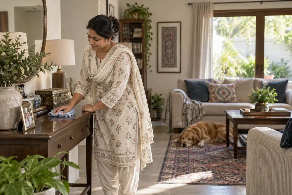 Hire Maids in Rawalpindi: Maid organising and cleaning a family home