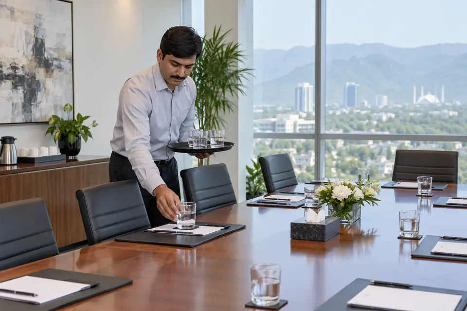 Hire Office Boys & Support Staff in Islamabad: Male Pakistani office assistant setting out meeting room water glasses in a bright modern office