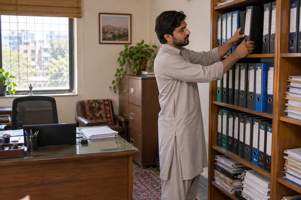 Hire Office Boys & Support Staff in Rawalpindi: Male Pakistani office assistant organizing files on shelves in a warm compact office