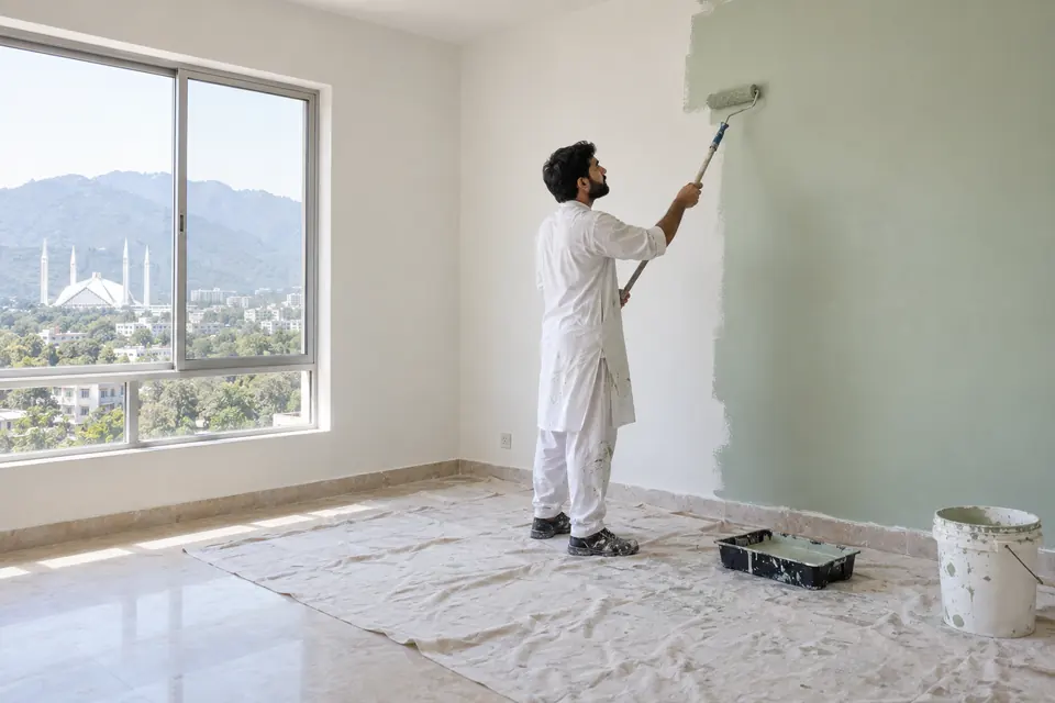 Hire Painters in Islamabad & Rawalpindi: House painter refreshing a room with pale green paint.