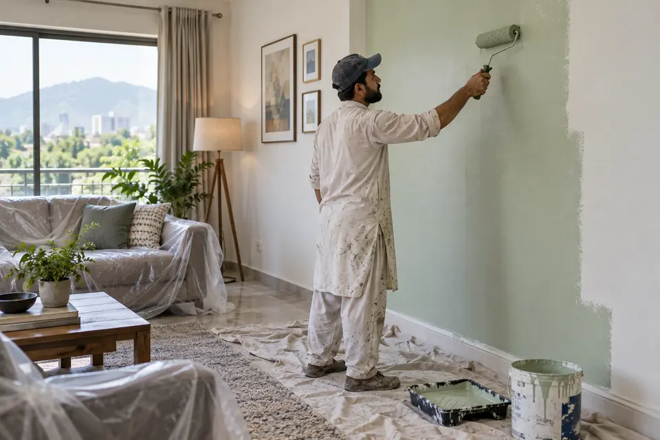 Hire Painters in Islamabad: Pakistani male house painter applying pale sage paint with a roller to a living room wall, standing safely on floor with drop cloth