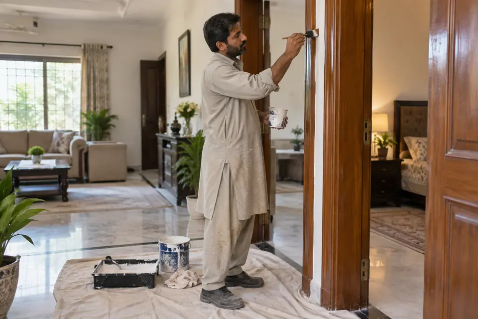 Hire Painters in Rawalpindi: Pakistani male painter using a small brush on a wooden interior doorframe, standing on floor, protected floor and tidy paint tools
