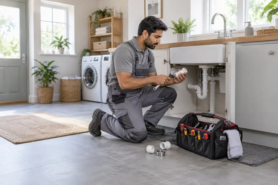 Hire Plumbers in Islamabad & Rawalpindi Hire Plumbers in Islamabad & Rawalpindi: Plumber checking a household sink pipe fitting.