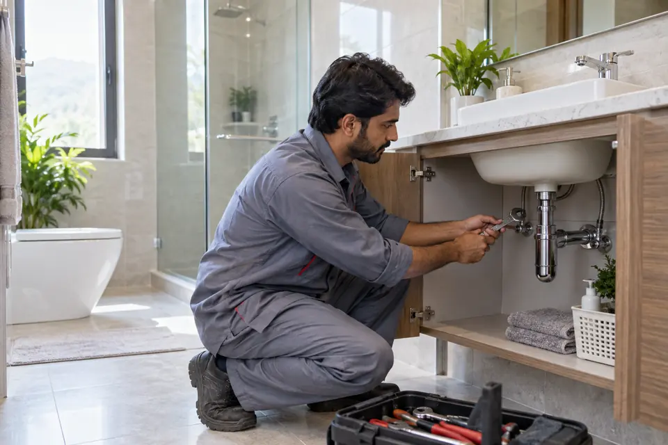 Hire Plumbers in Islamabad Hire Plumbers in Islamabad: Plumber inspecting pipes beneath a bathroom sink