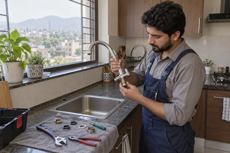 Hire Plumbers in Rawalpindi: Plumber checking a detached kitchen faucet