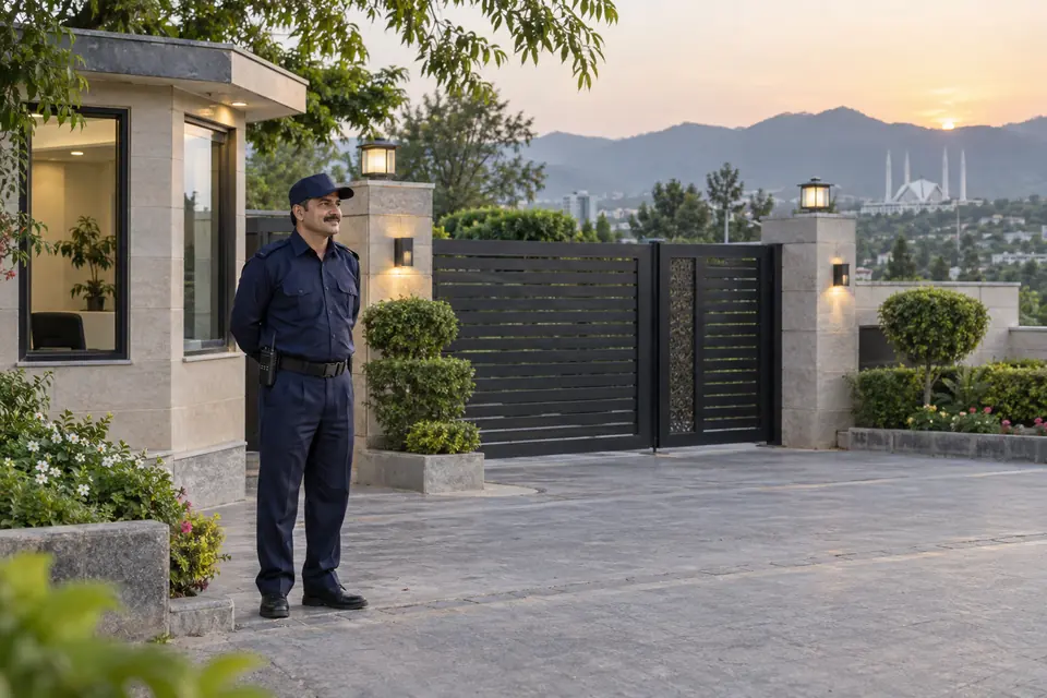 Hire Security Guards in Islamabad & Rawalpindi Hire Security Guards in Islamabad & Rawalpindi: Unarmed security guard at a residential entrance.