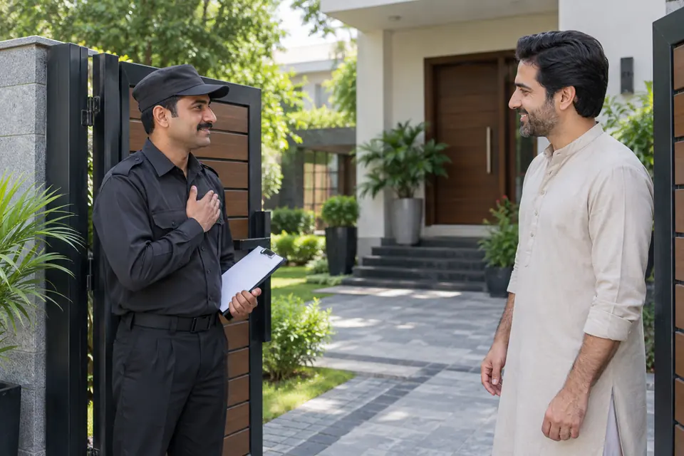 Hire Security Guards in Islamabad Hire Security Guards in Islamabad: Unarmed guard attending a residential entrance