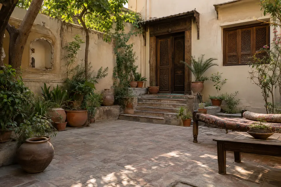 Hire Staff in Rawalpindi: Illustrative lived-in Pakistani house courtyard with potted plants.