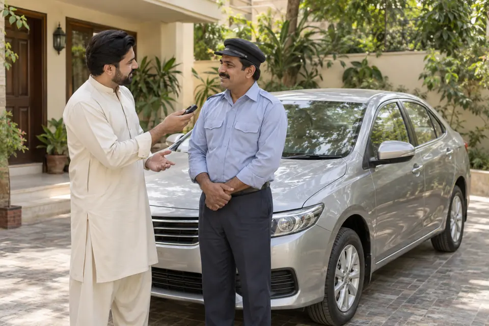 Hiring a Family Driver: Routes, Interviews & Daily Duties: Homeowner interviewing a male driver beside a family car.