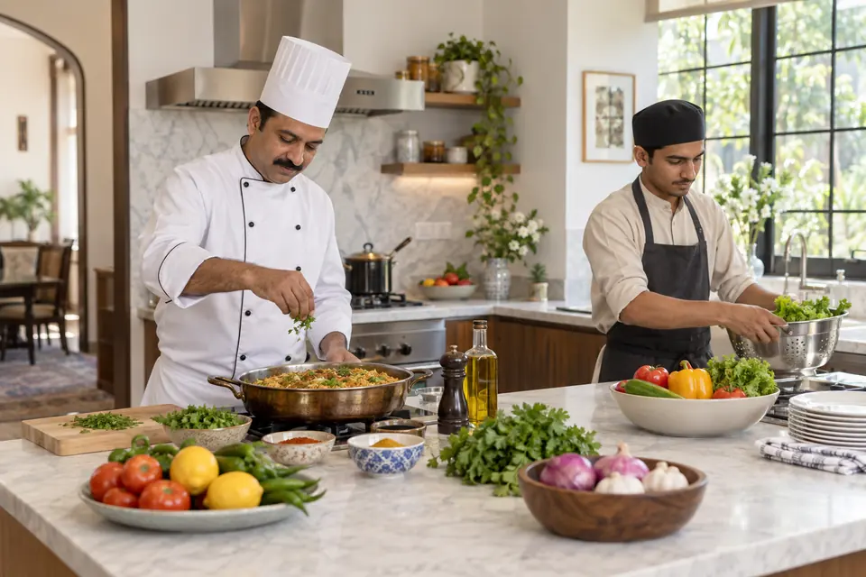 Home Cook, Chef or Cook-cum-Helper: Which Do You Need?: Chef and kitchen helper coordinating meal preparation