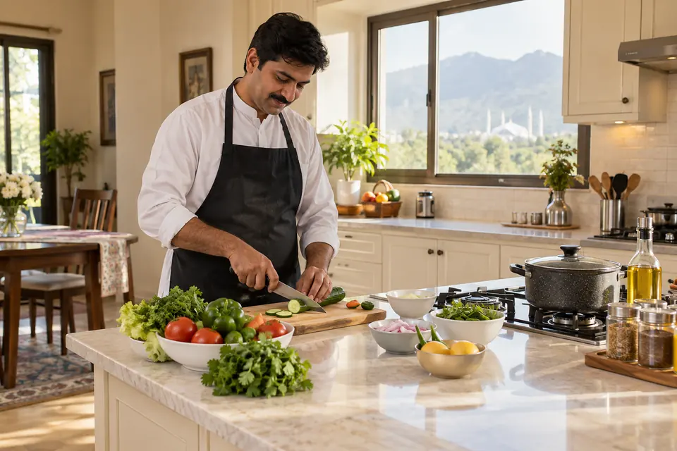 Home Cooks in Islamabad & Rawalpindi Home Cooks in Islamabad & Rawalpindi: Pakistani home cook preparing fresh vegetables in a bright family kitchen.