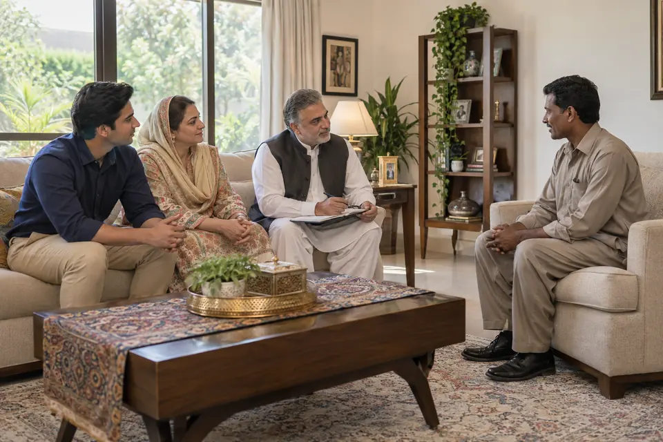 How to Hire Domestic Staff in Islamabad & Rawalpindi: Pakistani family interviewing a male household worker.