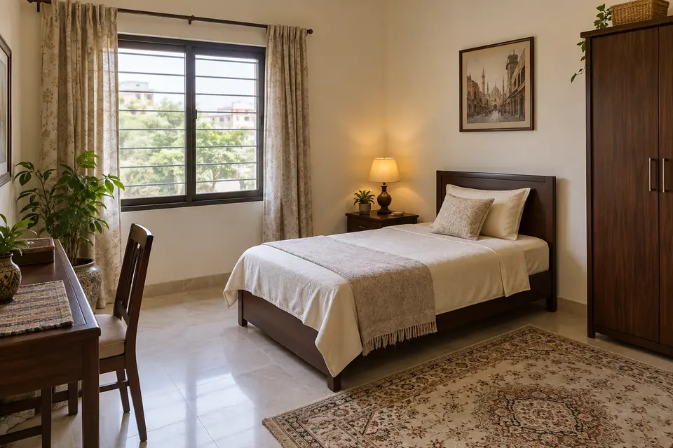 Live-in vs Live-out Domestic Staff: What Fits Your Home?: Tidy separate staff bedroom with a single bed and wardrobe.